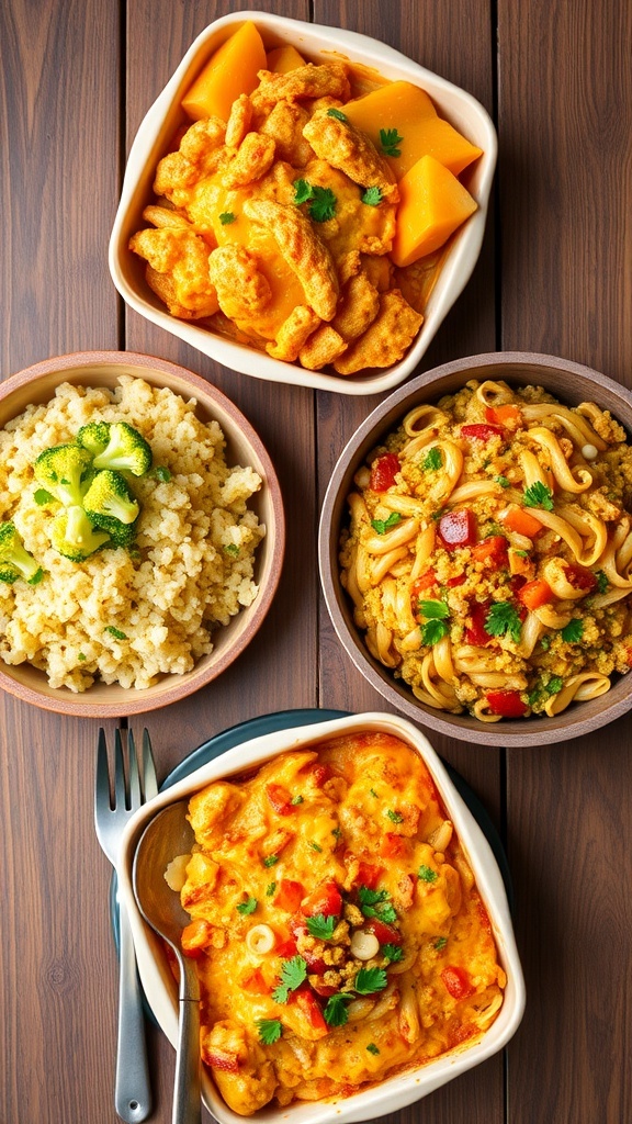 Three 8x8 casseroles: broccoli rice, tuna noodle, and vegetable quinoa on a wooden table.
